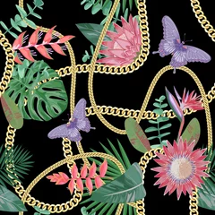 Behang Bloemen en juwelen Gouden kettingen naadloze patroon met tropische bloemen.