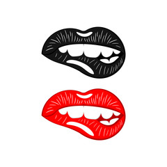 Set sexy colored lips, shining lipstick: black and red. Vector Illustration icon
