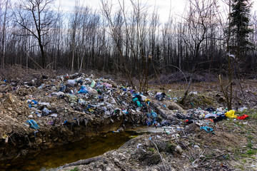 The garbage is scattered by people through the woods and reservoirs, the ecological disaster of the planet, the destruction of nature and wildlife.