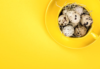 Easter holiday concept .Quail eggs in a yellow mug on a bright background.Traditional decoration a festive Spring mood.Copy space for Text.Top View. Flat Lay.
