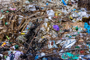 The garbage is scattered by people through the woods and reservoirs, the ecological disaster of the planet, the destruction of nature and wildlife.