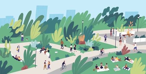 Landscape with people walking, playing, riding bicycle at city park. Urban recreation area with men and women performing leisure activities outdoors. Flat cartoon colorful vector illustration. - obrazy, fototapety, plakaty