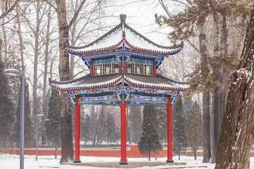 There is a pavilion in the snow in winter