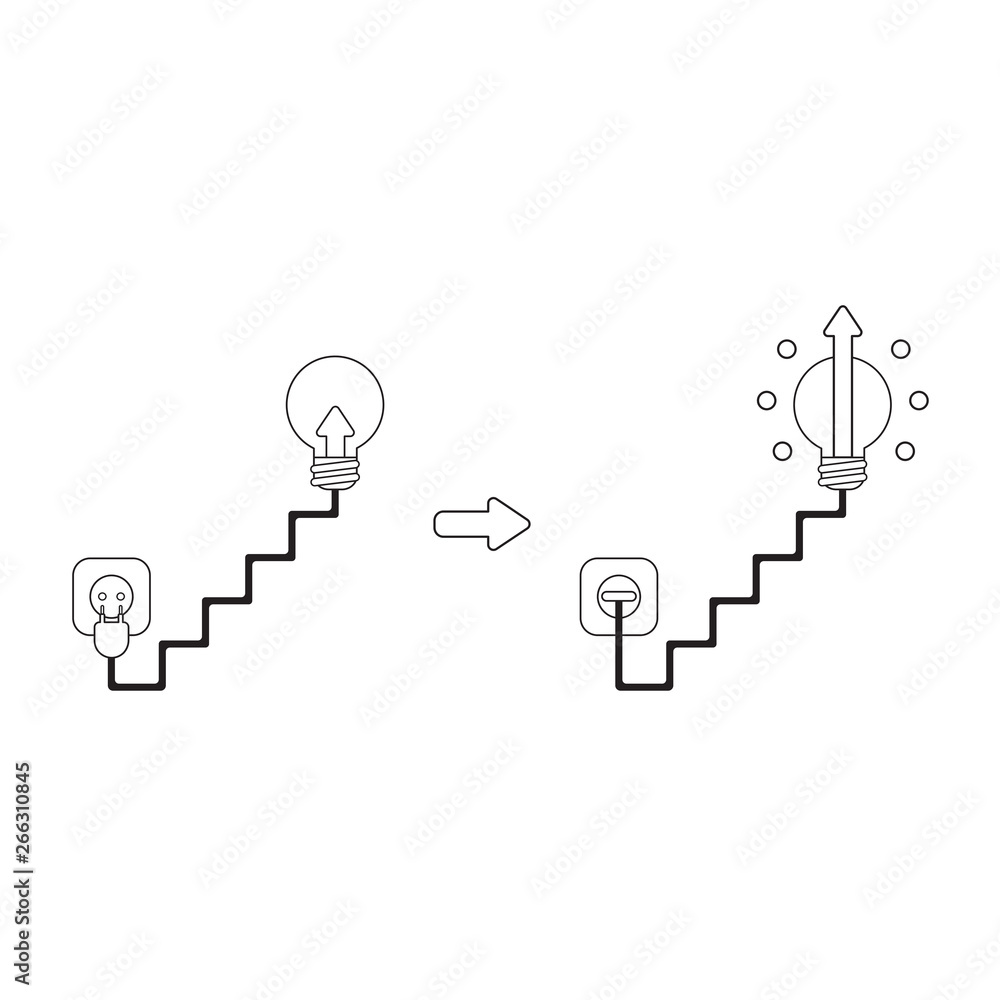 Poster Vector icon concept of arrow in lightbulb plugged into outlet and light bulb glowing and arrow moving up. Black outline.