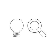 Vector icon concept of bad idea light bulb with magnifying glass. Black outline.