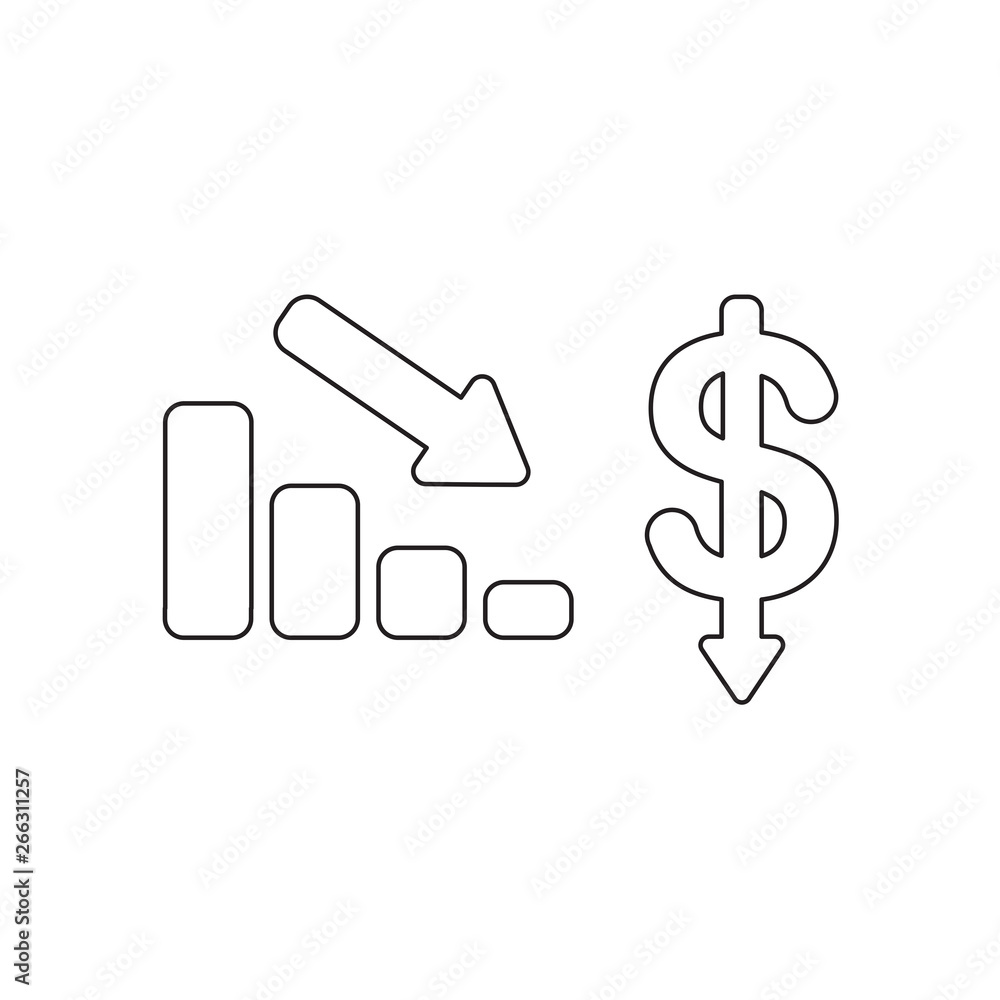 Poster vector icon concept of sales bar chart with arrow moving down and dollar money with arrow moving dow