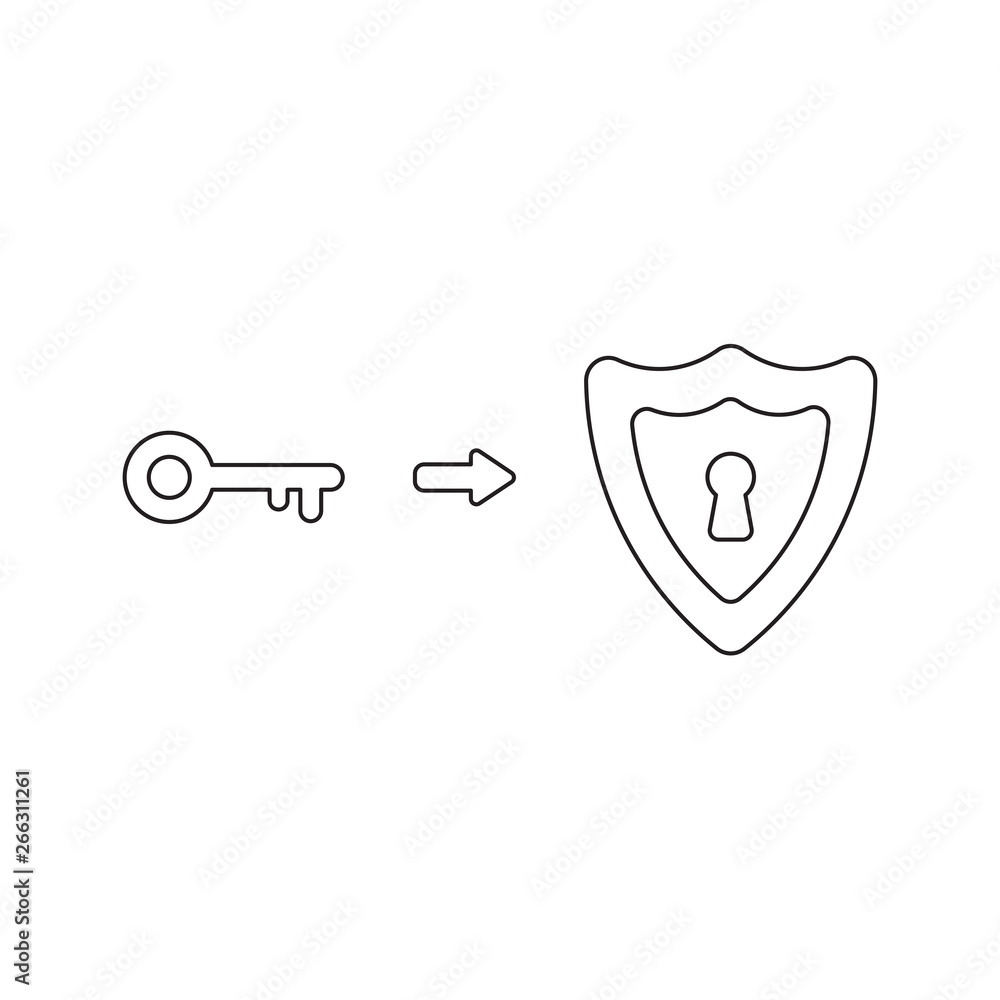 Poster vector icon concept of shield guard with keyhole and key. black outline.