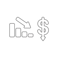 Vector icon concept of sales bar chart with arrow moving down and dollar money with arrow moving down. Black outline.