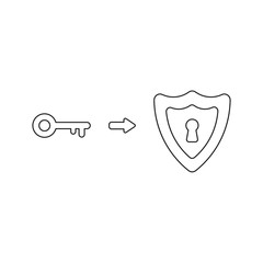 Vector icon concept of shield guard with keyhole and key. Black outline.