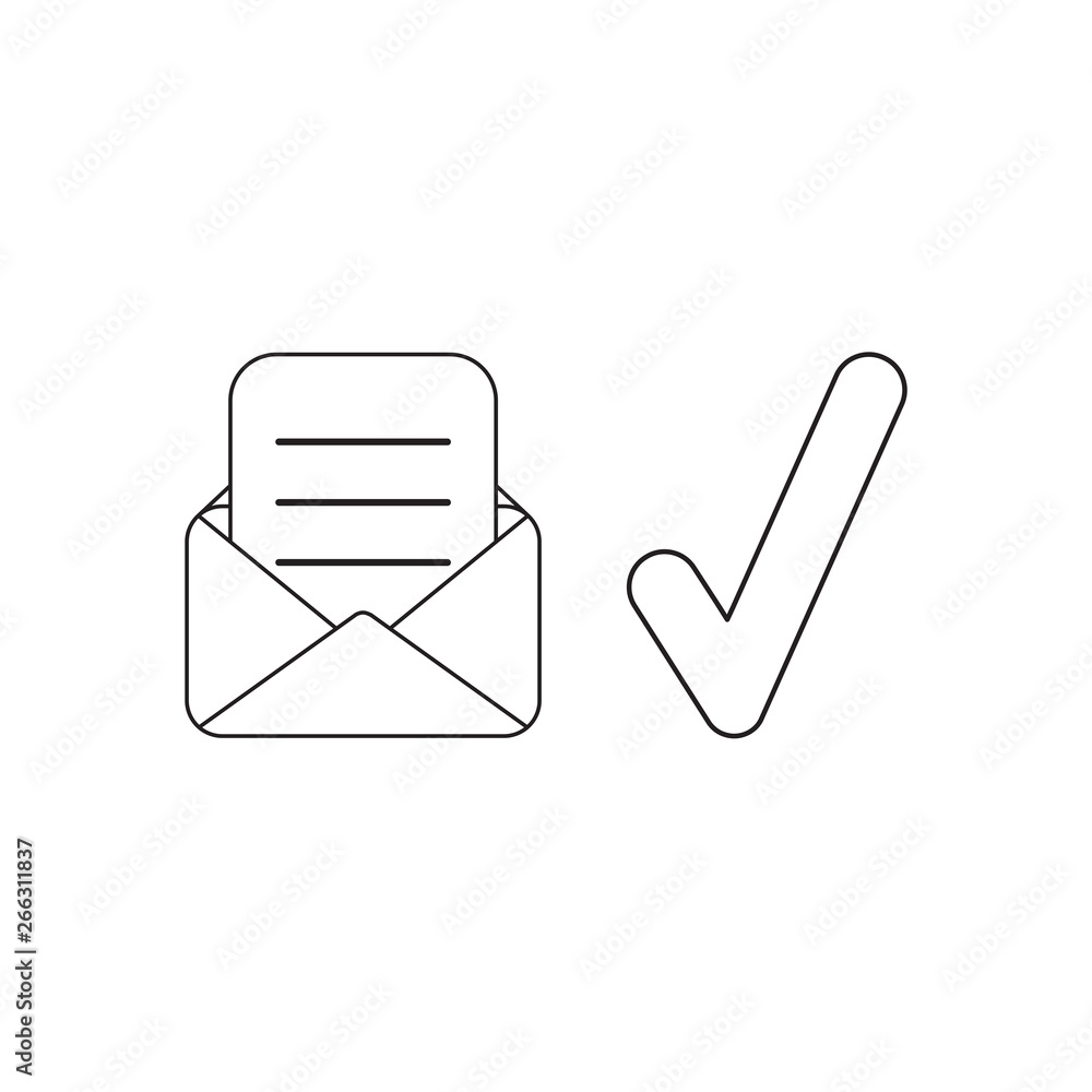 Poster vector icon concept of open envelope with written paper and check mark. black outline.
