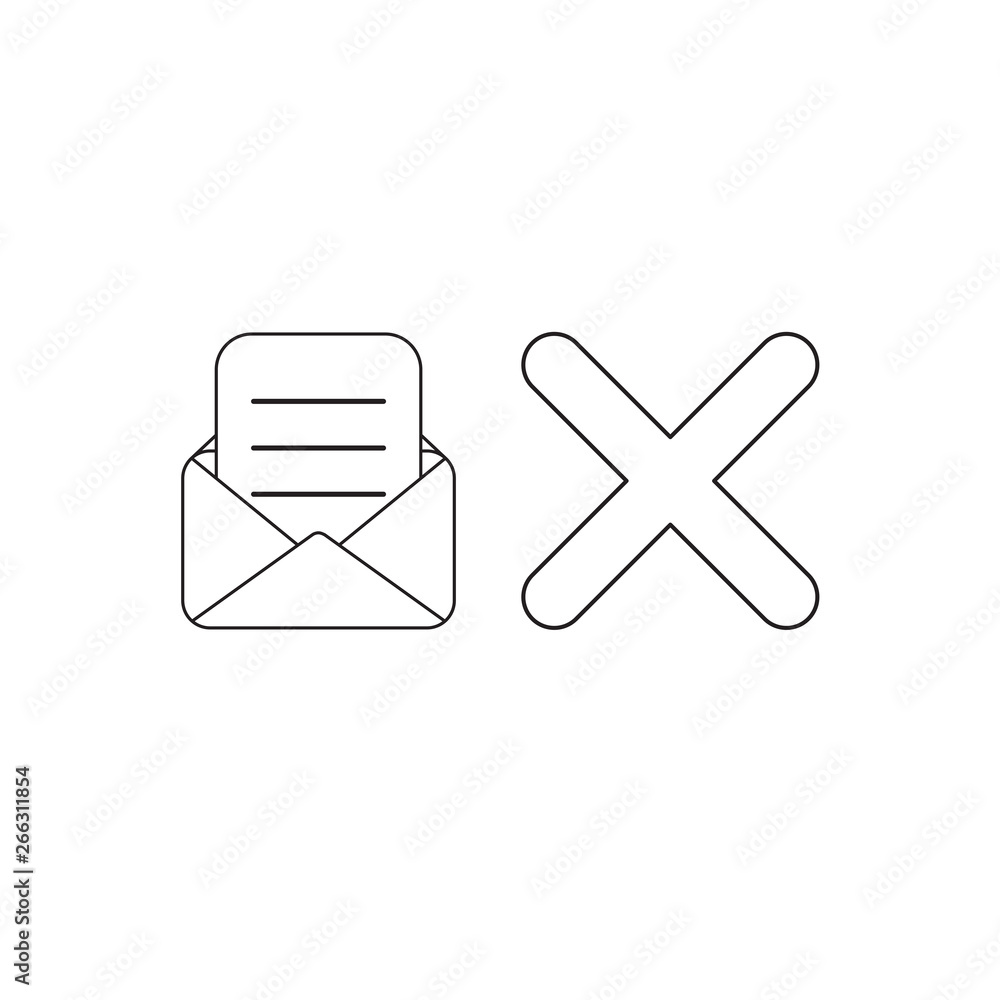 Poster vector icon concept of open envelope with written paper and x mark. black outline.