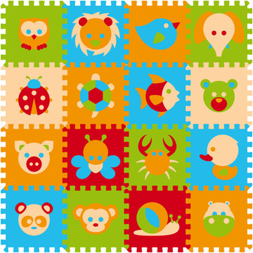 Vector foam baby kids play mat animals puzzle. Owl, lion, bird, elephant, ladybird, turtle, fish, bear, pig, butterfly, crab, duck, panda, monkey, snail, hippo.  Isolated on white background