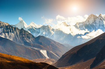 Himalaya mountain range against the sky at sunset. Khumbu valley, Himalayas, Everest region, Nepal