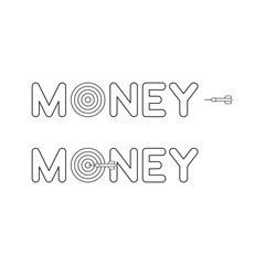 Vector icon concept of money word with bulls eye and dart and hit the target. Black outline.