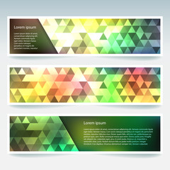 Fototapeta premium Horizontal banners set with polygonal triangles. Polygon background, vector illustration. Yellow, green colors.