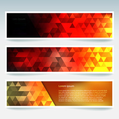 Horizontal banners set with polygonal triangles. Polygon background, vector illustration. Red, yellow colors.