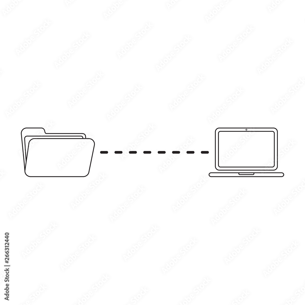 Poster vector icon concept of file transfer between folder and laptop. black outline.