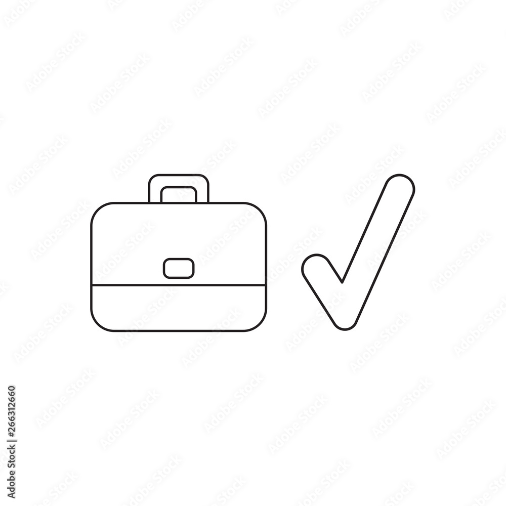 Poster vector icon concept of briefcase with check mark. black outline.