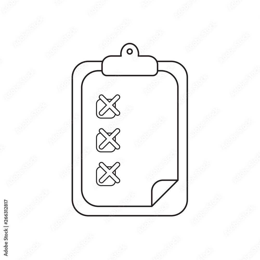Poster vector icon concept of clipboard with x marks on paper. black outline.