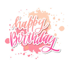Fototapeta na wymiar Happy birthday hand drawn vector lettering design on background of pattern with stripes. Perfect for greeting card.