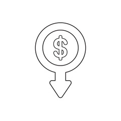 Vector icon concept of dollar money coin with arrow moving down. Black outline.