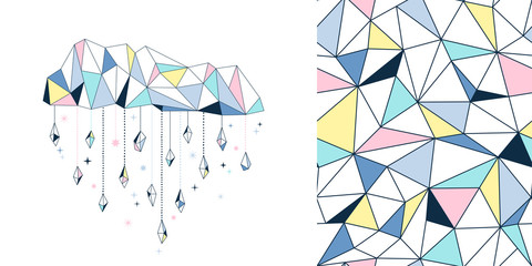 Magical childish pajamas graphics set with t-shirt print and accompanied tileable background. Whimsical geometric triangle coloured cloud with gemstone drops illustration. Polygonal linear
