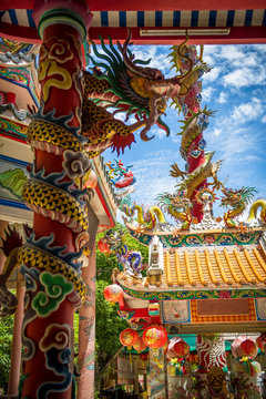 Chinese temple details with dragons on columns