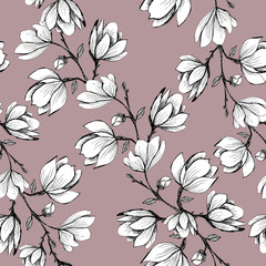 Floral seamless pattern. Blooming magnolia on a pink background. Print for fabric and other surfaces. Raster illustration.