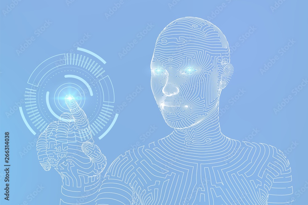 Poster wireframed female cyborg touching digital graph interface. ai. artificial intelligence concept. robo