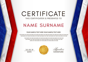 Certificate template with France flag (blue, white, red colors) frame and gold badge. White background design for Diploma, certificate of appreciation or award
