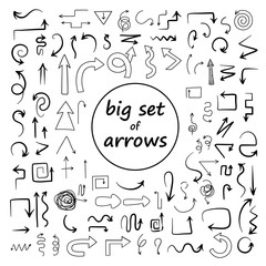 Doodle arrows set. Sketch swirly arrows black hand drawn curved pointer icons isolated on white background - Vector illustration