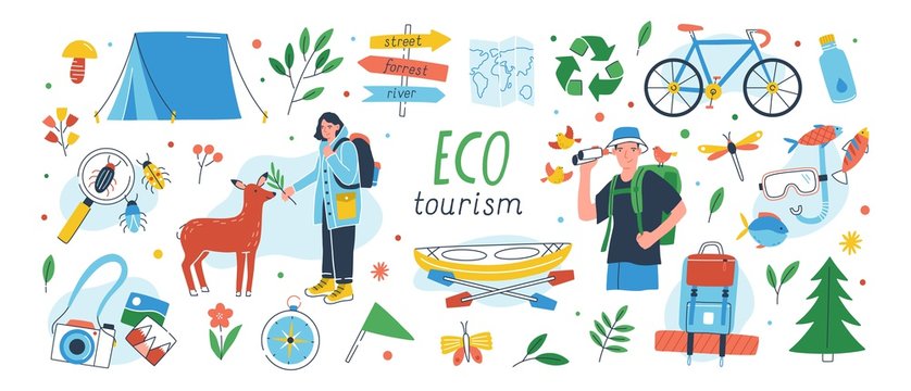 Ecotourism set. Collection of eco friendly tourism design elements isolated on white background - male and female tourists or ecologists, tent, backpack, kayak. Flat cartoon vector illustration.