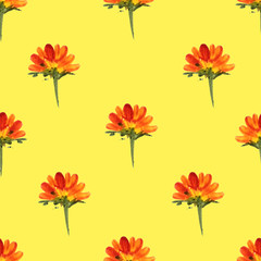 Color seamless pattern painted by watercolor. Colorful flowers, twigs and leaves. Yellow background. Print for fabric, wallpaper and textiles.