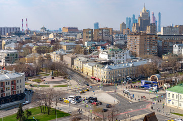 Fototapeta premium Panoramic view of Kropotkinskaya square from the observation platform of the cathedral of Christ the Savior in Moscow, Russia