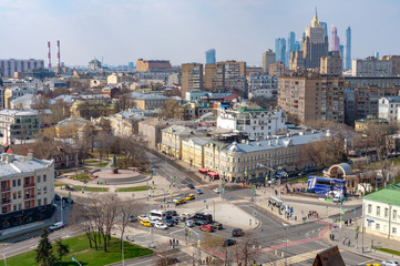 Panoramic view of Kropotkinskaya square from the observation platform of the cathedral of Christ the Savior in Moscow, Russia