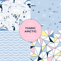 Blue Antarctic nature pattern set. Arctic Ocean ecosystem with iceberg penguin whale narwal walrus seal creatures. Wavy water neutral blue flat seamless texture. Abstract colourful polygonal linear © AngellozOlga