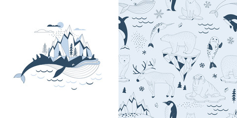 Magical childish pajamas graphics set with t-shirt print and accompanied tileable background. Big Blue Whale with Mountains on his back illustration. Polar Bear Walrus Penguin Narwal Seal Reindeer © AngellozOlga