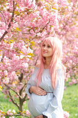Fototapeta na wymiar Woman during pregnancy with her hands over tummy near flowers of sakura
