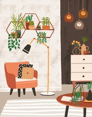 Obraz premium Cozy living room interior with armchair, houseplants growing in pots, shelves, lamps, home decorations. Comfortable apartment decorated in modern Scandinavian hygge style. Flat vector illustration.