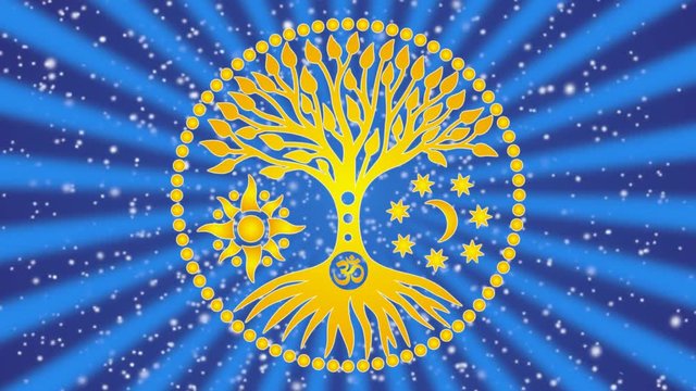 The tree of life with the sun and the moon in yellow and orange colors in the mandala against the background of rotating rays and a starry sky. Video screensaver. Art.