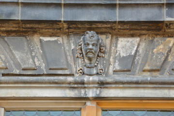 Details of the external facade of the Town Hall (rebuilt in 1629) in Delft, Netherlands, with carvings