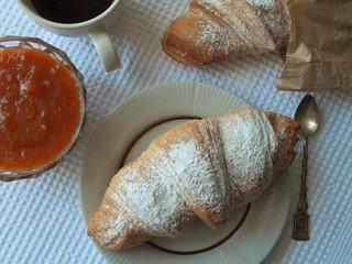 Fresh croissant with powdered sugar on white plate and apricot jam in glass bowl on white background.  Delicious and nutritious breakfast.