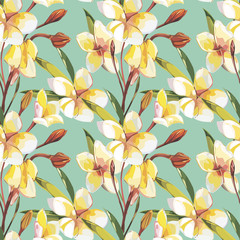 Elegance seamless pattern in vintage style with Plumeria flowers. Tropical illustrations. © asetrova