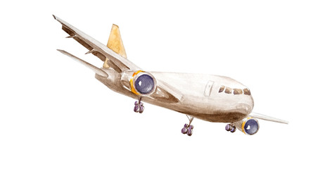 A cargo plane, one turbine on wings and a yellow tail, takes off into the air. Painted in watercolor isolated on a white background for an illustration of logistics, freight traffic
