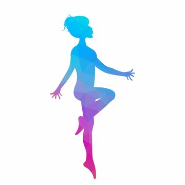 Silhouette of young woman dancing in low poly style isolated on white