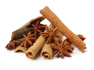 Cinnamon and anise on white background