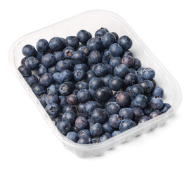 Plastic packaging of fresh juicy blueberries. White isolated background. Top side view.
