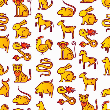 Chinese horoscope seamless pattern with thin line icons: rooster, ox, mouse, dragon, tiger, rabbit, pig, horse, dog, monkey, goat. Modern vector illustration for calendar background.