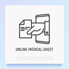 Online medical sheet, prescription thin line icon: hand with recipe from smartphone. Modern vector illustration.