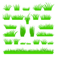Vector flat abstract green grass set isolated on white background. Spring big fresh grass kit. Tufts of leaves grass. A set of design elements of nature. Vector illustration